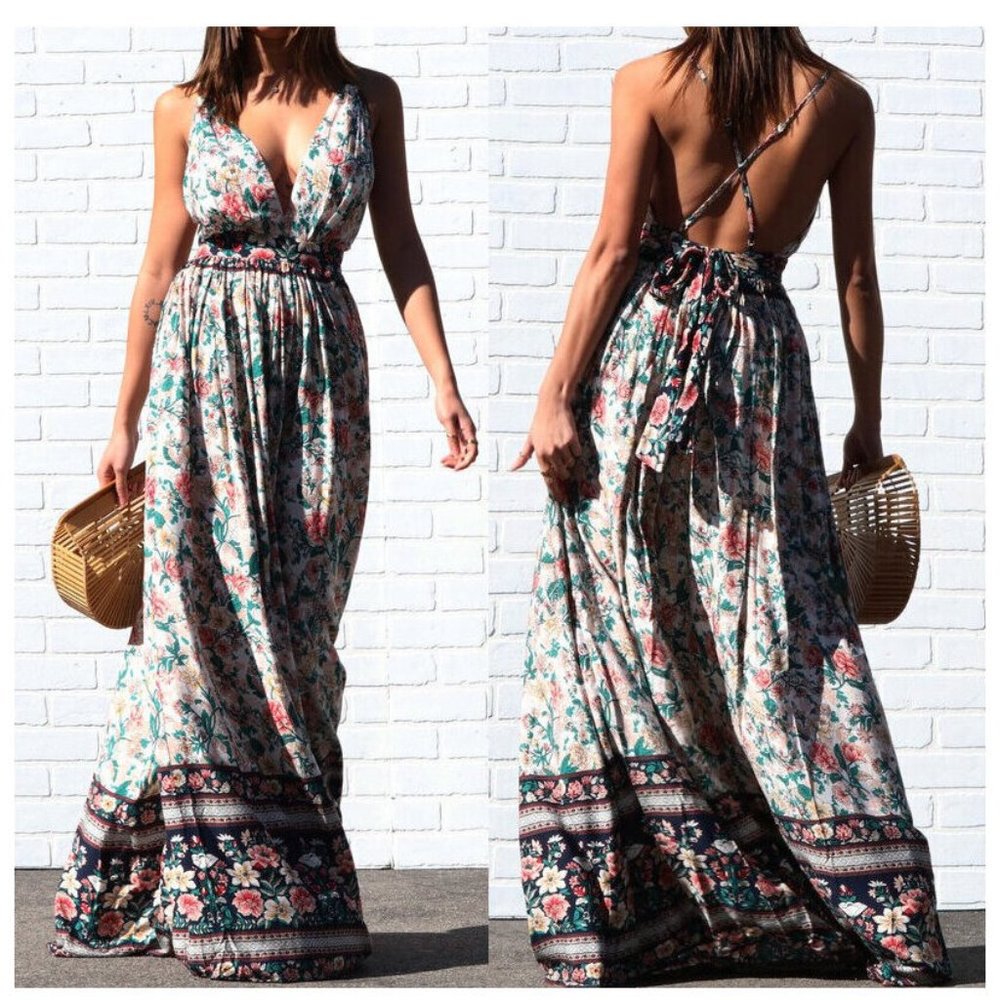 Boho Chic Gypsy Floral Print Open Back Maxi Dress